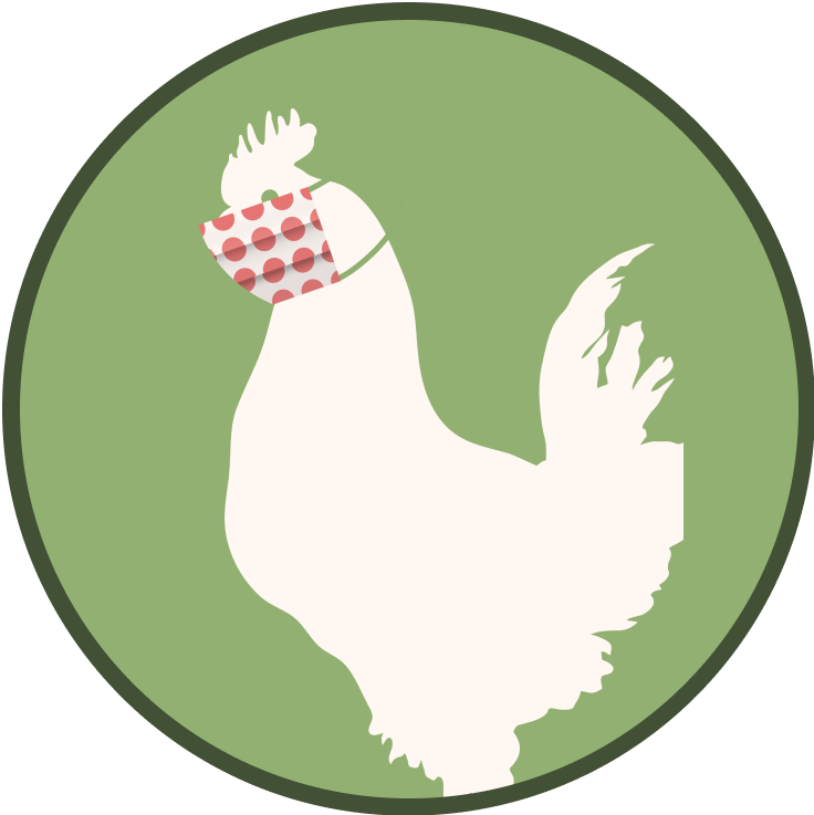 Fiesta Farms chicken logo wearing a face mask