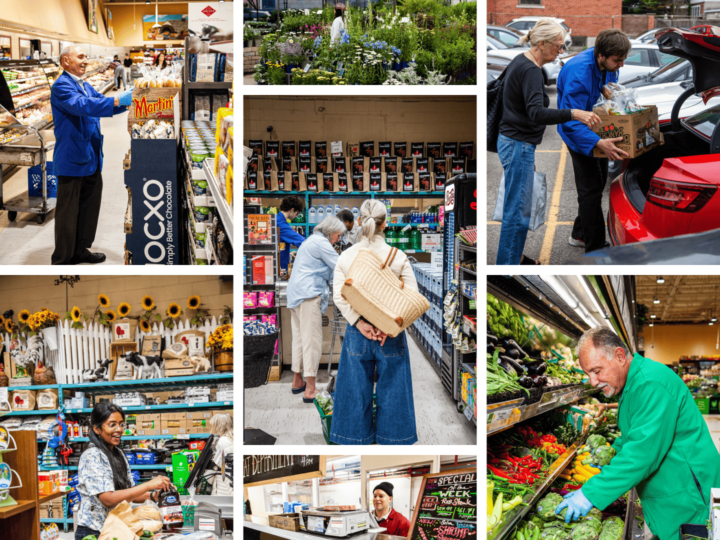 A photo grid of Fiesta Farms staff and store.